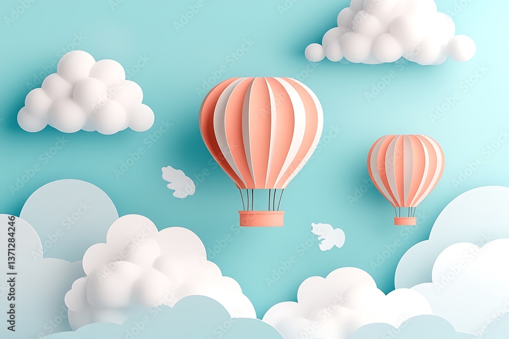 Fototapeta premium Flat hot air balloons with clouds in the sky, using light colors and a minimalist approach
