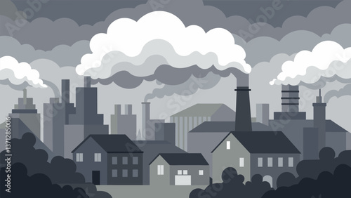 A hazy grey cloud engulfing the neighboring town emanating from the coalfired power plant on the outskirts.. Vector illustration