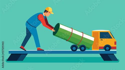 A lone worker carefully rolling an oil barrel up a ramp and onto a truck bed showing strength and precision.. Vector illustration