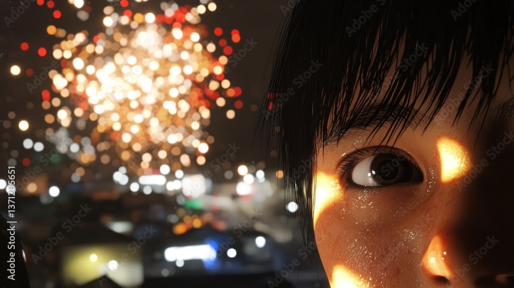 CloseUp of a Persons Eye Illuminated by Festive Lights with Bokeh Background CloseUp of a Persons Eye Illuminated by Festive Lights with Bokeh Background