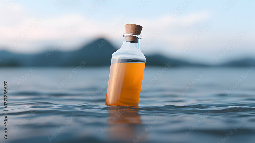 Amber Liquid in Glass Bottle Floating on Calm Ocean Water Amber Liquid in Glass Bottle Floating on Calm Ocean Water