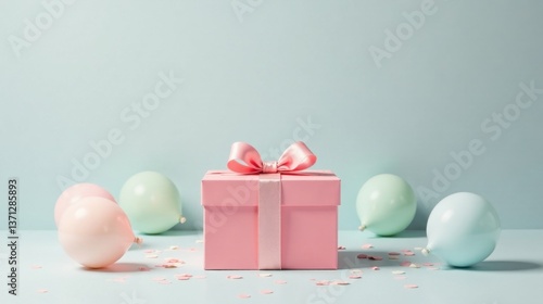 Pastel Pink Gift Box with Balloons and Confetti on Light Blue Background