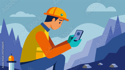 A geologist uses a handheld device to measure the electrical conductivity of the rocks a technique that can help locate hidden pockets of oil and gas.. Vector illustration