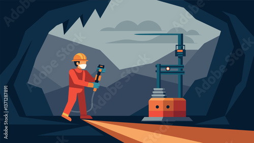 A lone worker maneuvering a drill rig through narrow tunnels carving out pathways for transport through the mine.. Vector illustration
