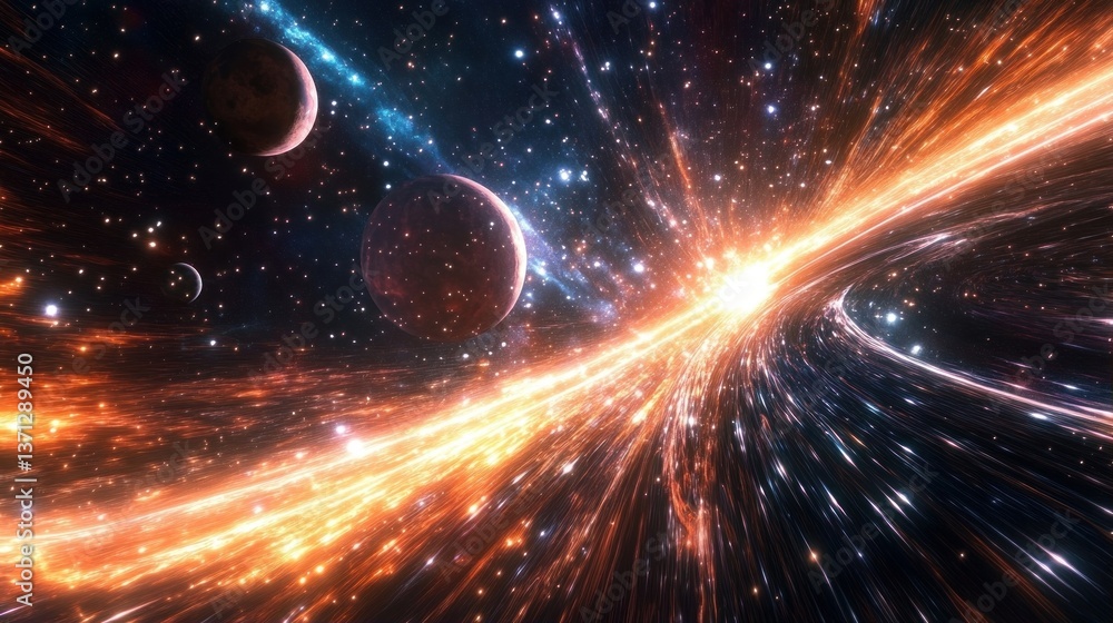 Obraz premium hyperspace lane glowing with energy and planets shining in the background