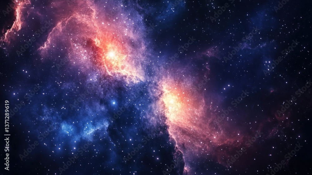 Naklejka premium A clear representation of a galaxy forming from cosmic gas clouds featuring a cluster of bright new stars embedded in the darkness of space, captured with a high-resolution CCD camera, using a wide-fi