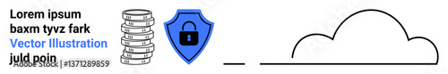 Stacked database, shield lock symbol, and cloud outline emphasize secure data transfer and cloud storage. Ideal for cybersecurity, database management, cloud solutions, data safety, online security