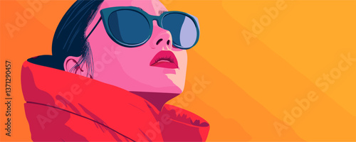 Stylish woman in sunglasses and red outfit against orange background, vector