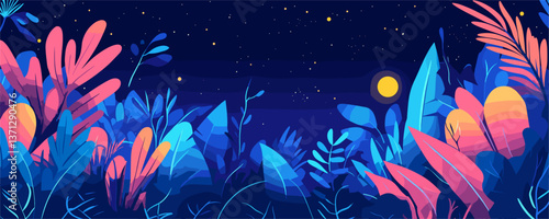 Colorful night jungle with lush foliage and starry sky vector