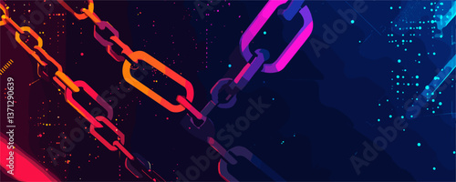Colorful neon chain links suspended in digital space on dark background vector