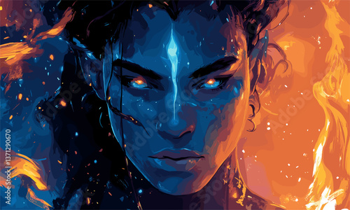 Fiery blue-skinned elf with glowing eyes amid flames - fantasy art vector