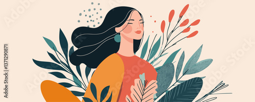 Serene woman with flowing hair and botanical elements, contemporary art style, vector