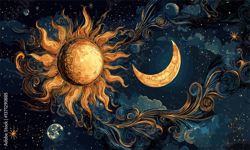Celestial sun and moon amidst starry night sky with swirling clouds - vector