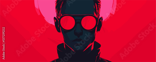 Futuristic neon portrait of a mysterious figure with sunglasses - vector