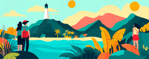 Scenic tropical landscape with lighthouse and tourists in vibrant colors, vector