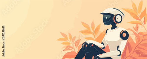 Futuristic robot sitting amongst leaves with soft orange background - vector