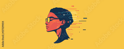 Profile of a woman with digital elements on yellow background vector