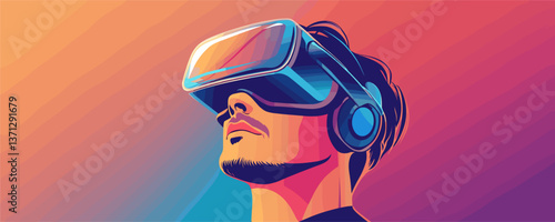 Male experiencing virtual reality with headset against colorful background vector