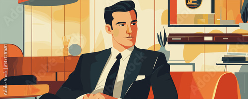 Businessman in stylish office setting with modern decor and artwork - vector
