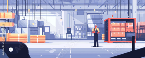 Warehouse interior with worker holding clipboard in factory setting - vector