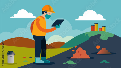 A landfill worker carefully monitoring the levels of ane gas in the landfill to ensure efficient capture and conversion.. Vector illustration