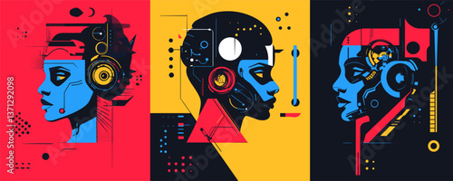 Futuristic abstract profiles with geometric designs and technological elements - vector