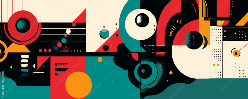 Abstract geometric art with circles and lines in bold colors, vector