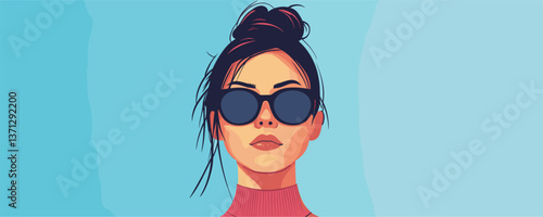 Stylish woman with sunglasses and upswept hair on blue background - vector