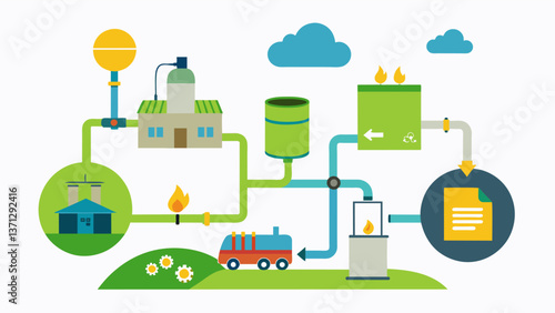 A diagram showing the different stages of ane capture at a landfill from collection to conversion into usable energy.. Vector illustration