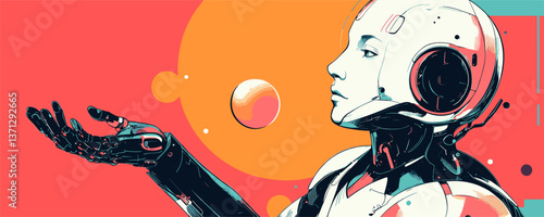 Futuristic robot contemplating sphere with colorful background vector