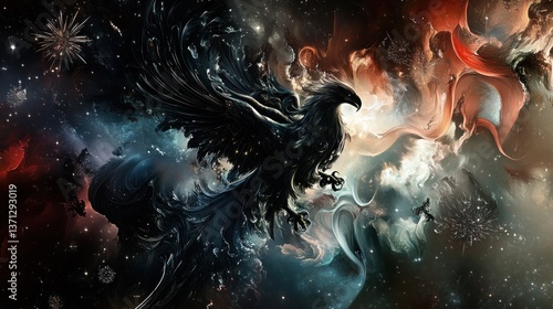 Epic Cosmic Bird Silhouette in a Nebula Cloudscape Fantasy Artwork Featuring Celestial Creatur