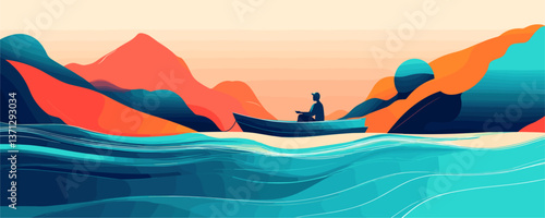 Fisherman in boat in vibrant mountain landscape at sunrise vector
