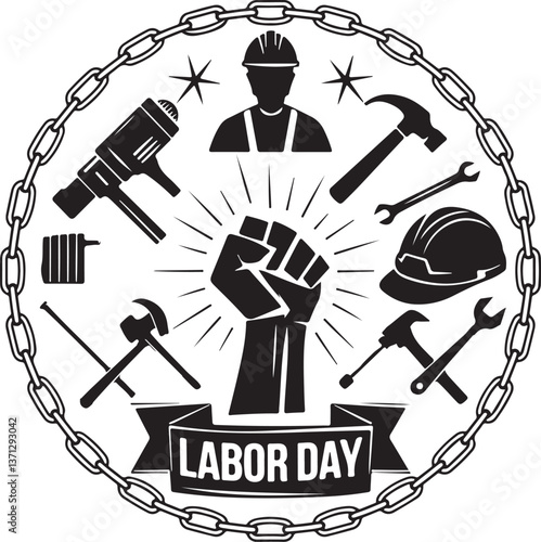 Labor Day Badge with Tools and Worker Symbols.