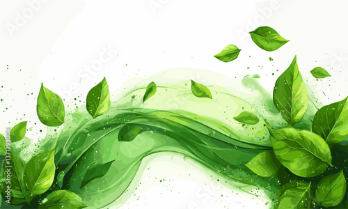 Abstract green wave with floating leaves in nature-themed design, vector