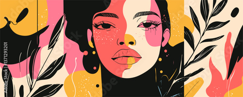 Abstract female portrait with botanical elements, geometric shapes, and vibrant colors - vector