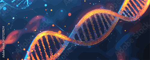Colorful dna helix structure with glowing particles and blue background vector
