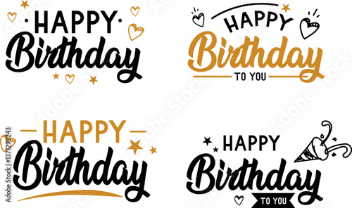 Happy birthday typographic text, vintage hand drawn vector petals. Perfect for invitations, greeting cards, quotes, blogs, wedding frames, posters