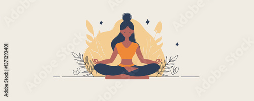Calm woman meditating in nature with decorative leaves and sparkles, vector