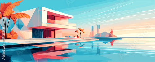 Modern beachfront villa with palm trees and pool at sunset - vector