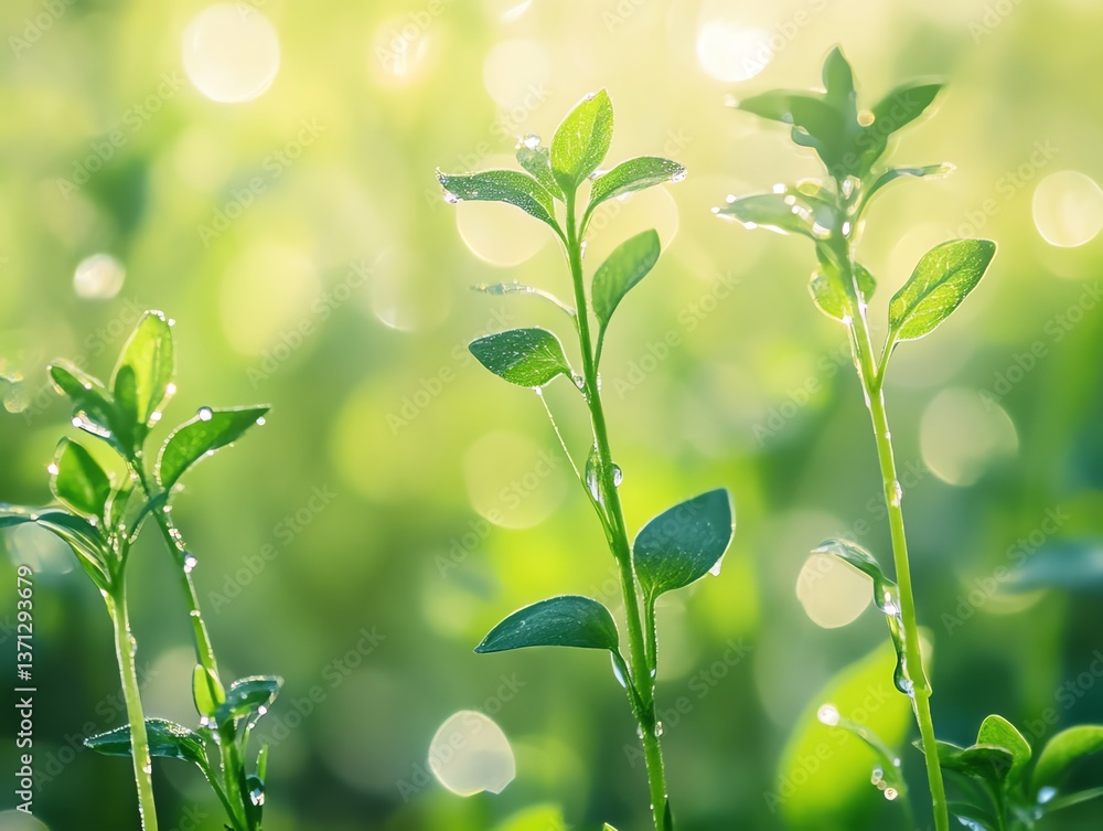 Obraz premium Young Plant Sprouts with Dew Drops in a Sunny Green Field