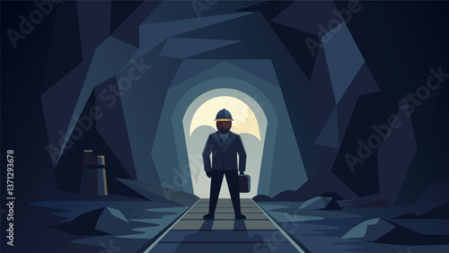 A lone miner stands at the entrance of a tunnel his headlamp illuminating the neverending darkness that lies ahead.. Vector illustration