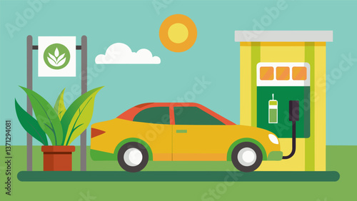 A hybrid car filling up at a gas station boasting its use of ethanol derived from corn reducing greenhouse gas emissions.. Vector illustration