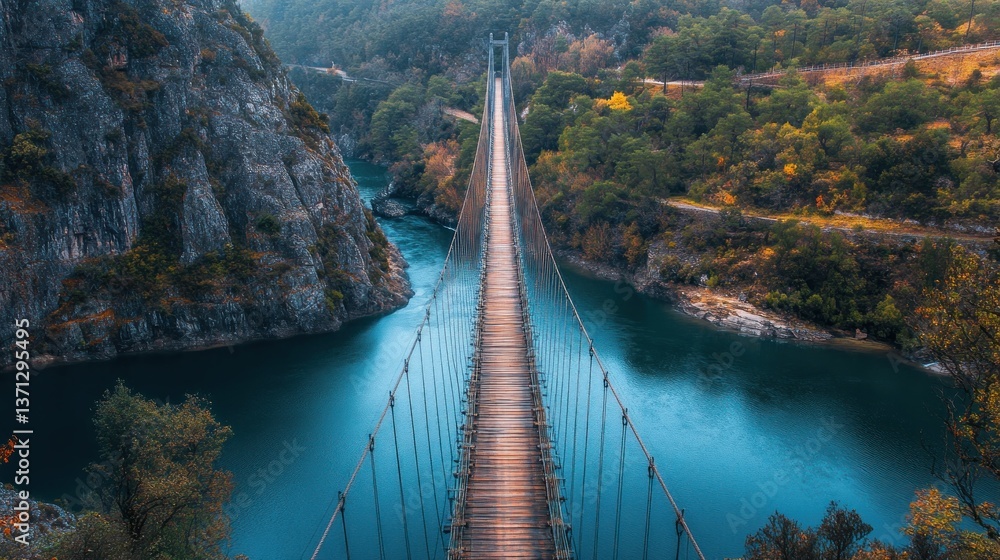 Obraz premium Aerial view of a suspension bridge spanning a canyon with a river flowing through it, surrounded by lush foliage and rocky mountains.
