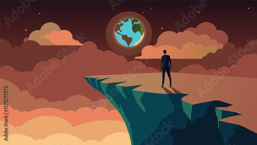 A lone figure standing on the edge of the pit overlooking the massive excavation site a symbol of the human impact on the earth in pursuit of natural. Vector illustration