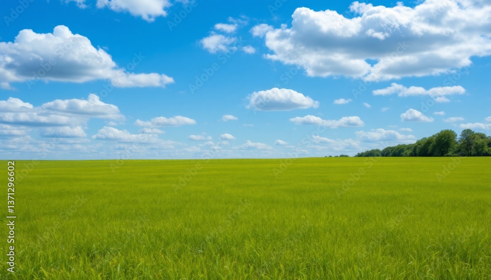 Vast green field stretching under a clear blue sky dotted Vast green field stretching under a clear blue sky dotted