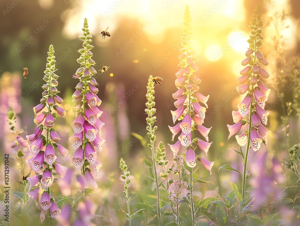 Obraz premium Foxglove Flowers in Meadow with Flying Bees at Golden Sunset Hour