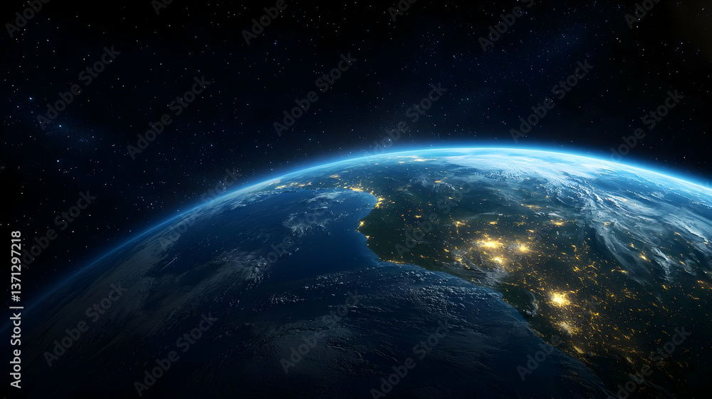 Fototapeta premium Earth At Night From Space With City Lights
