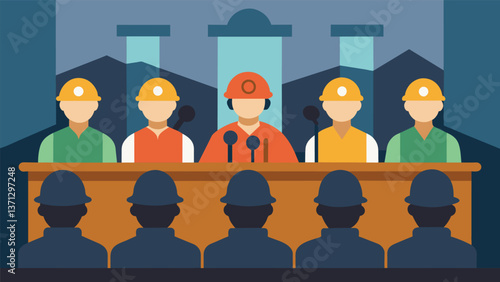A group of coal miners testifying at a state legislature hearing on the importance of protecting and promoting the coal industry.. Vector illustration
