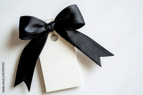 Blank Tag with Black Satin Ribbon Tied in Bow on White Background Top View Space for Design