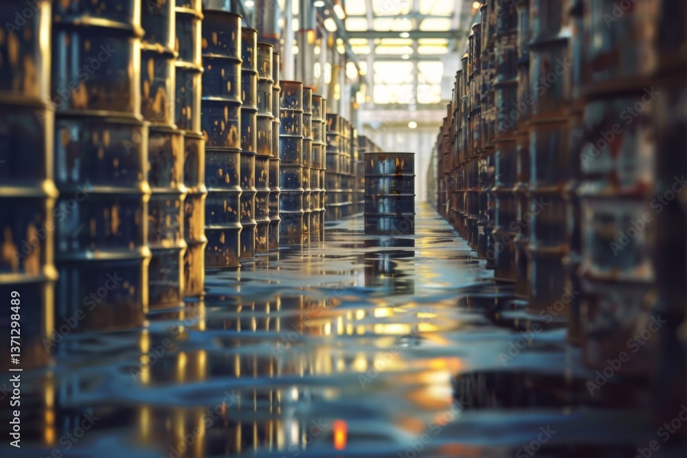 Oil barrels stored in a warehouse. Oil barrels stored in a warehouse.